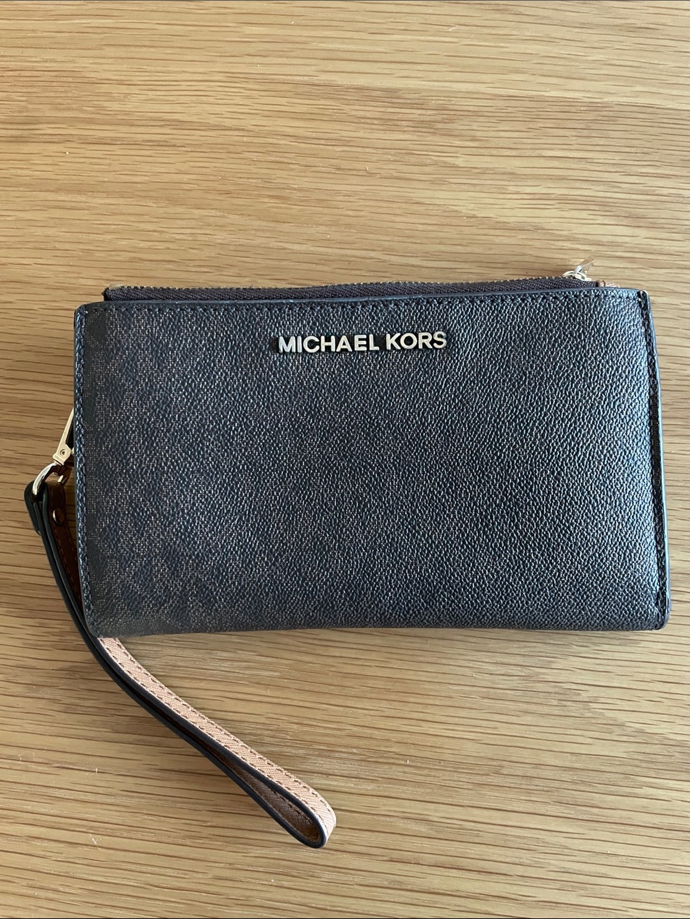 Michael Kors Brown Pebbled Leather Wristlet with Pale Pink Trim